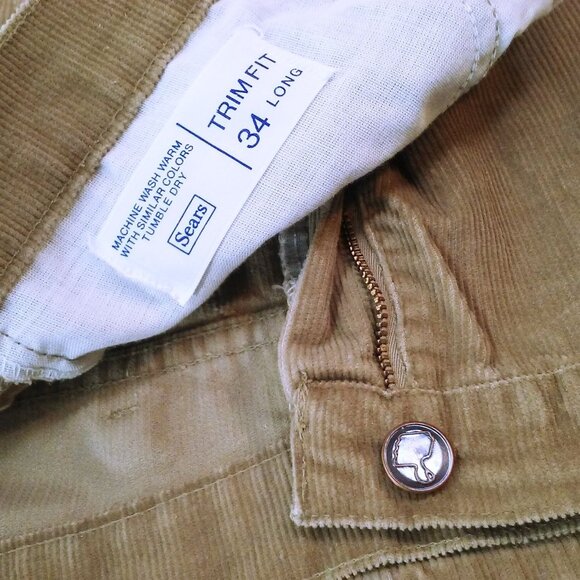 Vintage 70s-80s Sears Trim Fit Corduroy Pants 34-Long Western Bootcut Flare Tan - Picture 7 of 10
